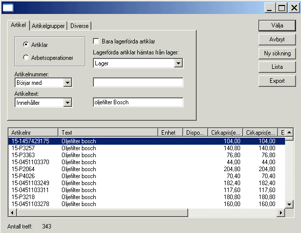 Och på artiklar knutna till en bestämd rabattgrupp samt på leverantörens artikelnummer. Observera att flikarna i sökdialogen kan kombineras om man önskar det.