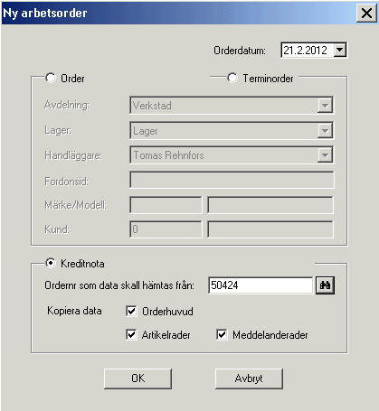 3.2. Kreditering av order Kreditering av order görs i samma registreringsbild som uppläggning av ny order. Stå i en tom orderbild och tryck på ny-knappen eller tryck Ctrl+N för att skapa ny order.