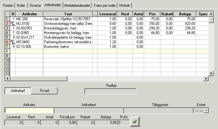 Man får följande alternativ: - Till ordernr: Ange till vilket ordernummer raden(erna) skall överföras.