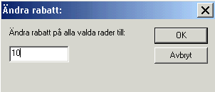 3.8. Rabatt på orderrader Det finns fyra olika sätt att sätta en procent-rabatt på orderraderna. 1. Dubbelklicka på den rad som ska ha rabatt och skriv rabatten i procent i fältet Rabatt.