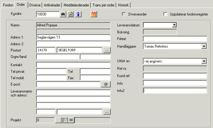 3.11. Byte av kund på order Byte av kund på en order görs i fliken Order. Bytet kan göras tillfälligt (endast på den aktuella ordern) eller permanent (ägarbyte på fordonet).