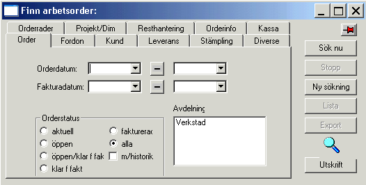 3.12. Fråga på order / Sökning Det finns bra sökmöjligheter i MekoEasy. Gå till menypunkten för arbetsorder och klicka på kikarsymbolen på verktygsraden i programmet.