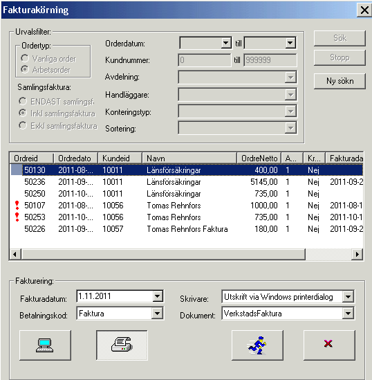 4. Fakturakörning Gå till menypunkt Faktura Behandling Fakturakörning. Välj ny fakturakörning och ange att ordertyp är arbetsorder (eller vanlig order), klicka därefter på Sök.