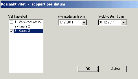 För att få en sammanfattning av kassaavsluten gjorda inom valfritt datum så välj Rapport av avslut from tom datum.