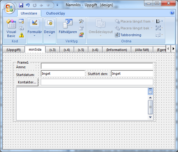Bild 2. 1 Designa formulär fönster med default sidan gömd. Det finns ett annat sätt att designa ett formulär och det är att använda sig av formulärområden, eller Formregions.