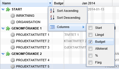 Det går att markera framdrift i projektaktiviteten genom att ta tag i handtaget längst ned till vänster i projektaktivitetens hörn.