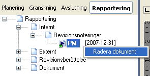 Du kan också klicka med höger musknapp på ett internt dokument direkt i trädvyn för att ta bort det via undermenyn som då visas.