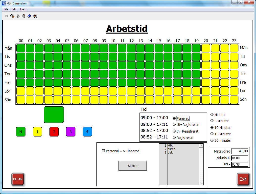 35/ Arbetstider - Working Hours När du trycker på denna knapp kommer du till en bild där du för veckans alla timmer anger vilka tider som ger normal lön, vilka som ger OB1 osv.