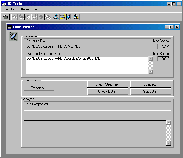 93/ När det står Data Compacted i bilden nedre del är allt fixat och du har en ny databas. Avsluta programmet 4Dtools. Nu skall du starta upp Pluto med den nya databasen. Hur du gör det?