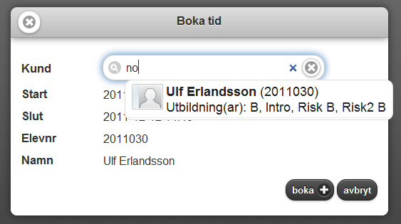 Efter man har loggat in, kommer man till sin startsida (lärarens), vilket är dagens körlektioner för inloggad lärare. Man kan inte se någon annan lärares lektioner, bara sina egna. 16.2.