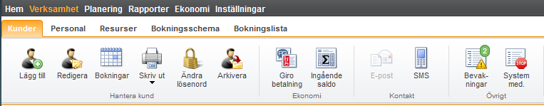 8 VERKSAMHET Verksamhet är hjärtat i programmet och innehåller de uppgifter man sköter dagligen. Härunder finner man alla kunder, personal, resurser (bilar, MC m.m.), bokningsschema och bokningslista.