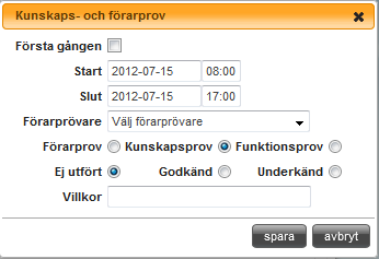 För att registrera kunskapsprov/körprov, klicka Skapa. 1. Första gången. Markera om det är första gången. 2. Välj Start och Sluttid.