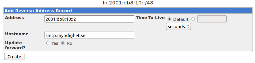 För att lägga till ett ip6.arpa PTR anger vi sedan IPv6- adressen och hostnamnet, komihåg avslutande punkt i hostnamnet. Viktigt att tänka på om ip6.