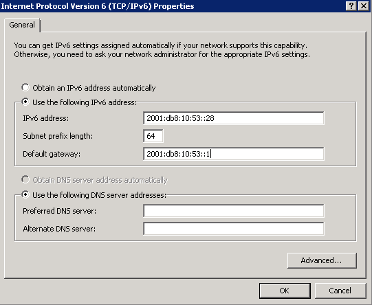 Se exempel nedan på inställningar i Windows. Observera att du inte behöver ange någon DNS när du anger en statisk IPv6-adress, frågor om AAAA RR kan då lika gärna gå över IPv4.