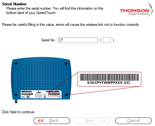 Kaptel 2 Standardnstallaton 2 Ange serenumret för Thomson Gateway och klcka på Nästa. Det trettonsffrga numret stter på etketten på undersdan av Thomson Gateway.