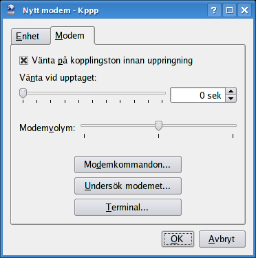 5.2.2 Fliken Modem Vänta vid upptaget Fliken Modem Det här är hur länge modemet ska vänta innan det ringer upp igen efter det har tagit emot en upptagetton.