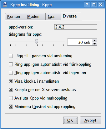 5.4 Fliken Diverse Fliken Diverse Här är några alternativ som inte passar in i andra delar, men som ändå kan vara mycket användbara. pppd-version Versionsnumret för pppd-demonen på ditt system.