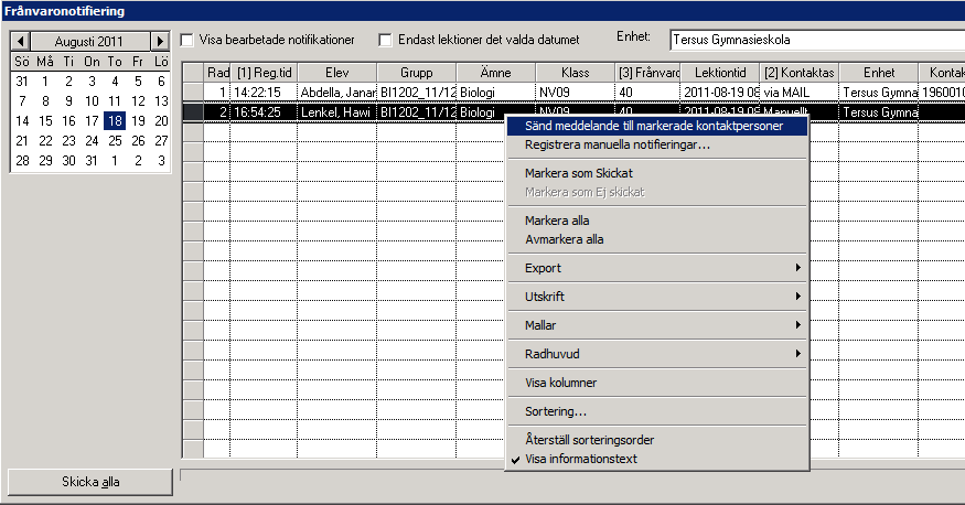 Menyn "Frånvaronotifiering" Här hittar du den frånvaro som Adela vill avisera.