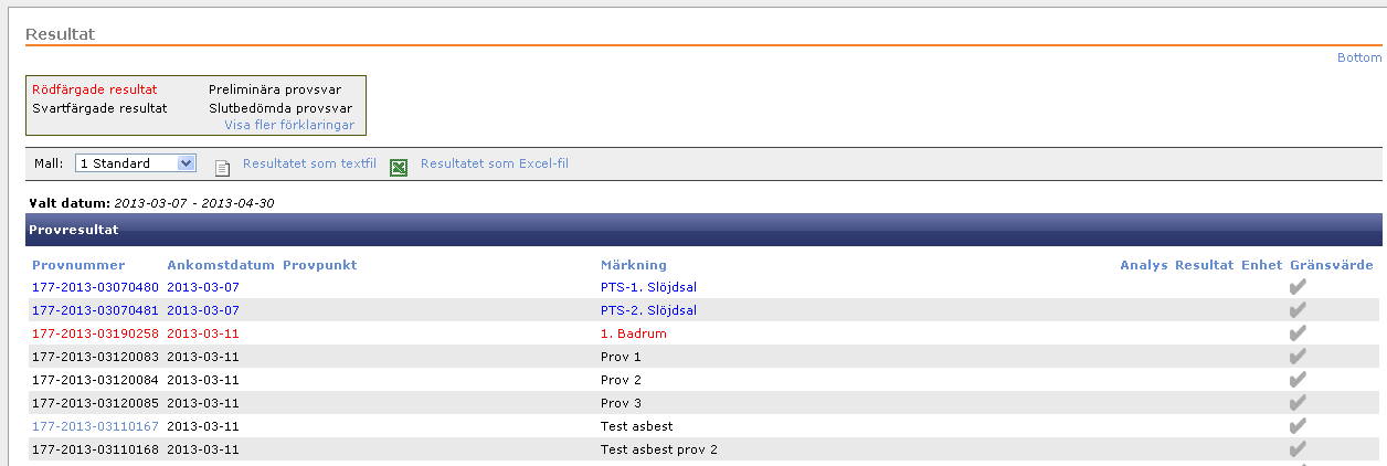 6. Visa inregistrerade prover. Beroende på om provet är inregistrerat av Eurofins Food & Agro eller Eurofins Environment visas här prover på olika sätt.