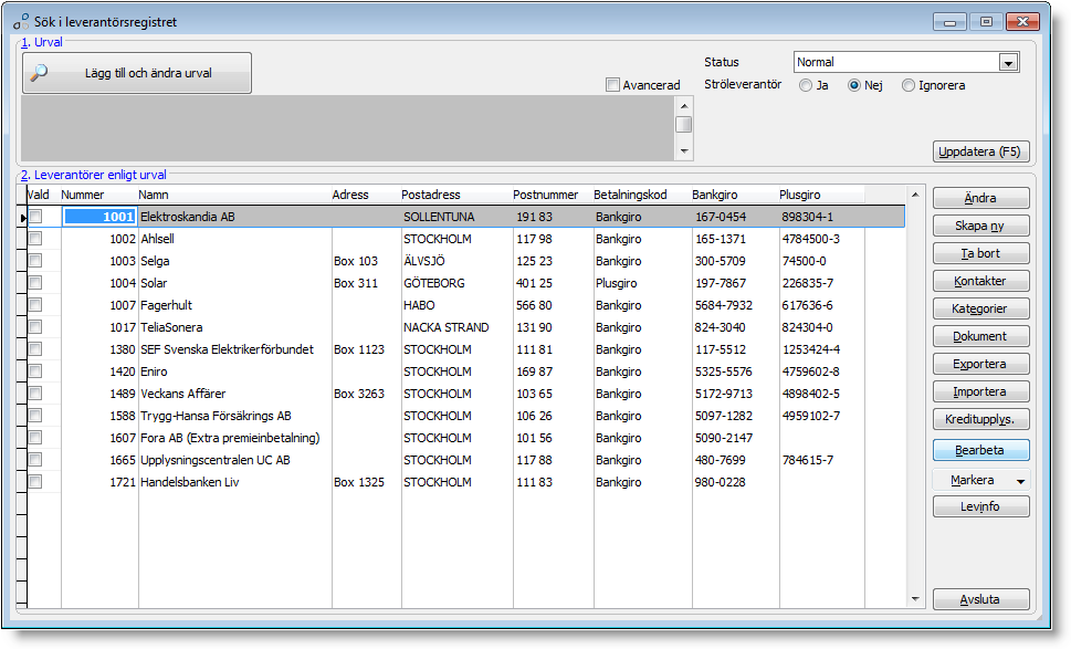 Sök i leverantörsregistret I denna rutin kan flera leverantörer bearbetas så att t.ex. pstnummer kan bytas på flera leverantörer. Funktinen för urval i den övre delen av bilden är generell.