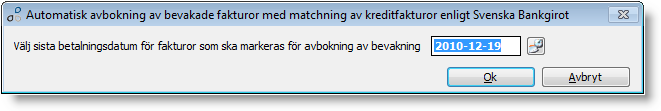 Bevakning av leverantörsfakturr Alla fakturr sm betalats via fil (även avibetalningar kan bevakas, se grundinställning 625) ch sm ännu inte förfallit, hamnar under bevakning.