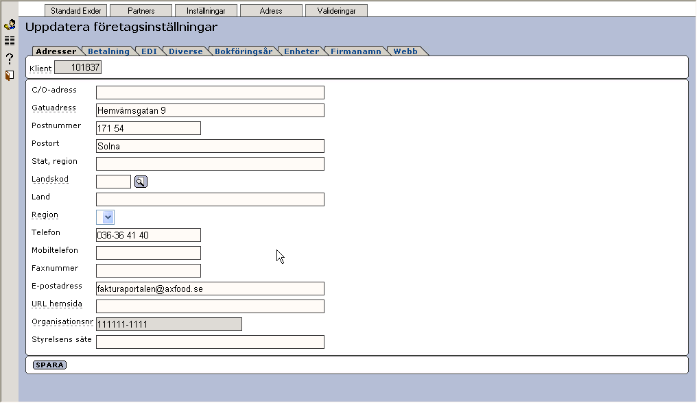 Meny Adress Under menyn Adress ändras era adressuppgifter. I exemplet ovan visas hur adressen för Axfood AB är upplagd, denna adress visas på faktuan för den aktuella partnern.