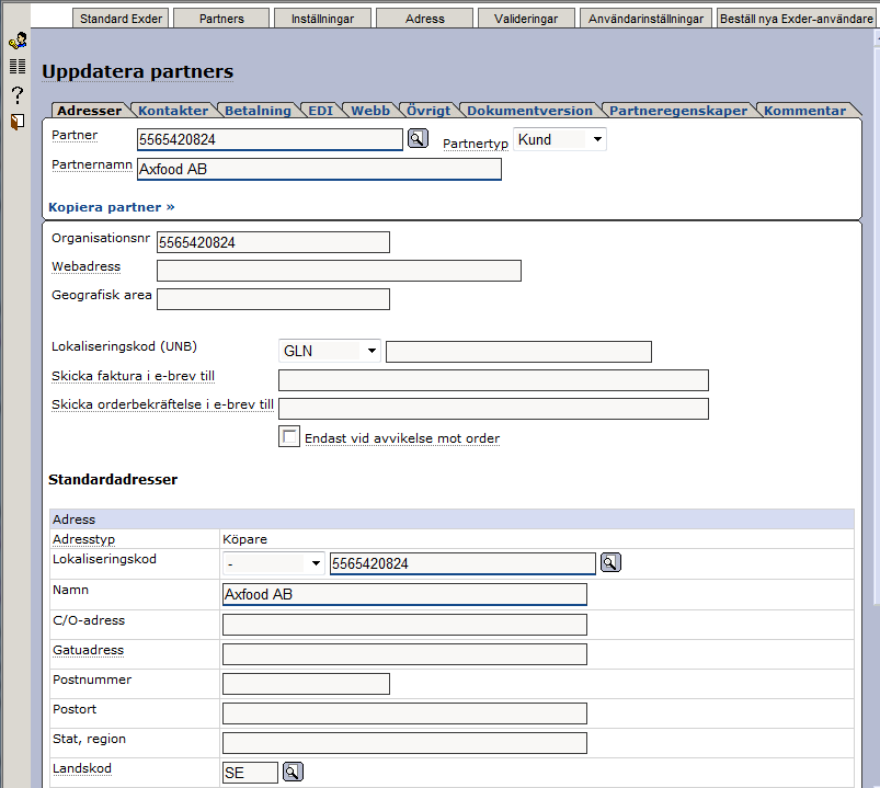 Flik Partners/adresser Samtliga Axfoodföretag är upplagda som Partners. Vid förändringar av en befintlig partner använd sökfunktionen genom att klicka på.