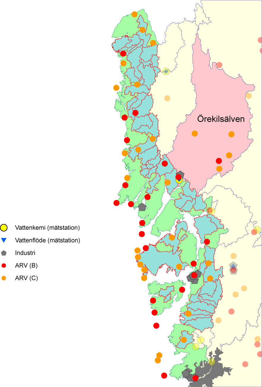 Figur 37. Beräkningar av belastningen från oövervakade kustområden (gröna) i norra Kattegatt och Skagerrak baseras på den arealspecifika belastningen från Örekilsälven (rosa).