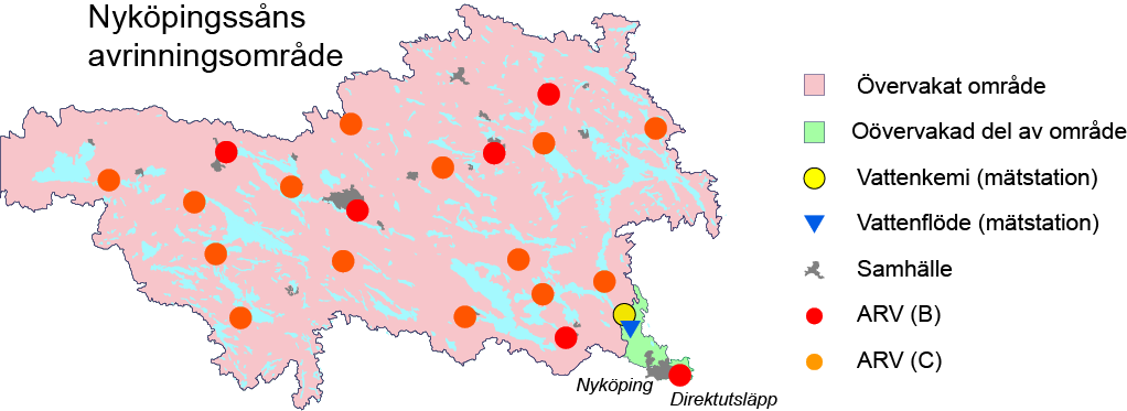 Figur 6. I förekommande fall uppskattas belastningen från en oövervakade nedre del (grönt) av ett övervakat vattensystem (rosa) med en arealuppräkning av belastningen från den övervakade delen.