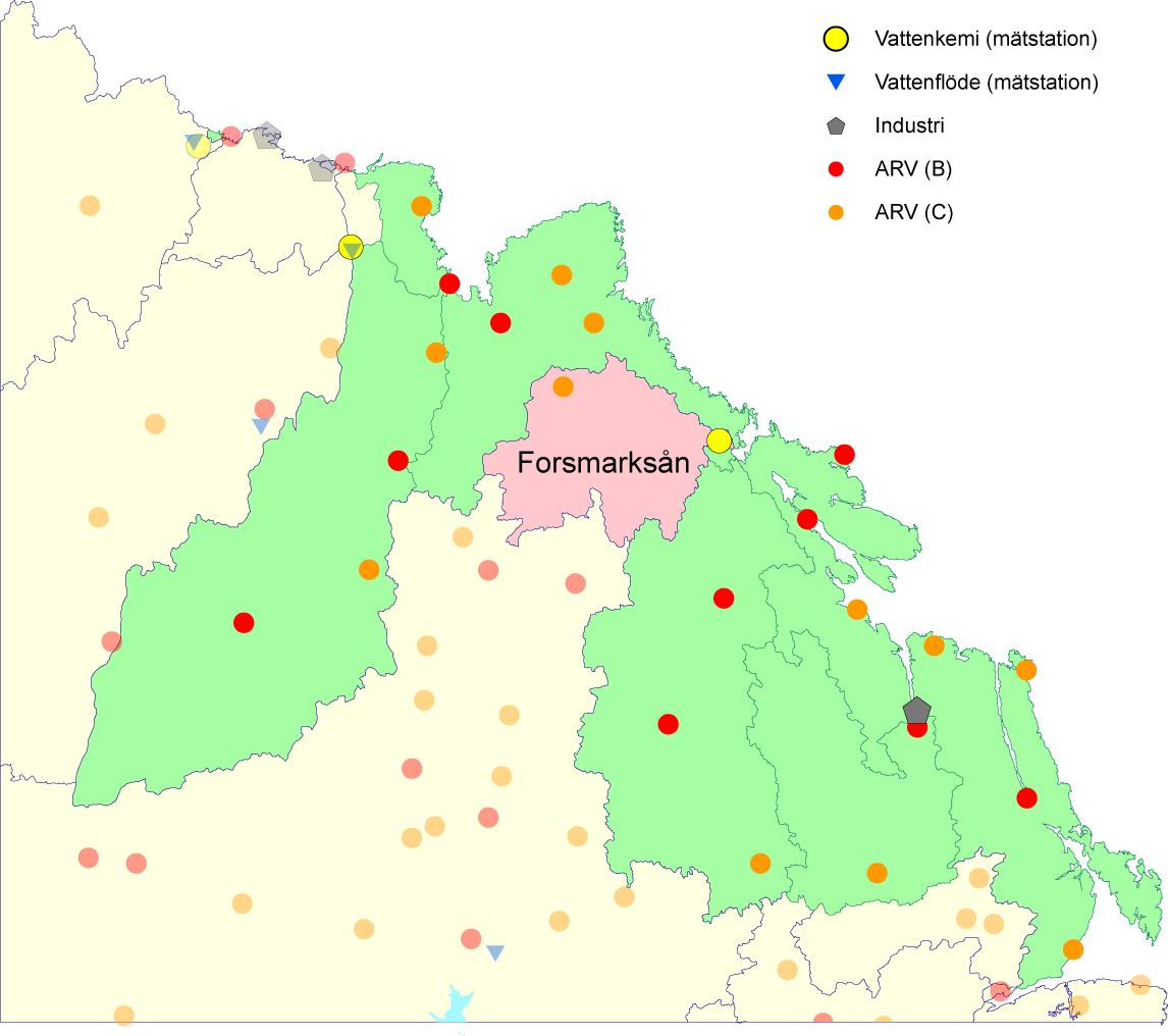 Figur 7. Beräkningar av belastningen från oövervakade vattensystem (gröna) i den södra delen av Bottenhavet baseras på den arealspecifika belastningen från Forsmarksån (rosa).