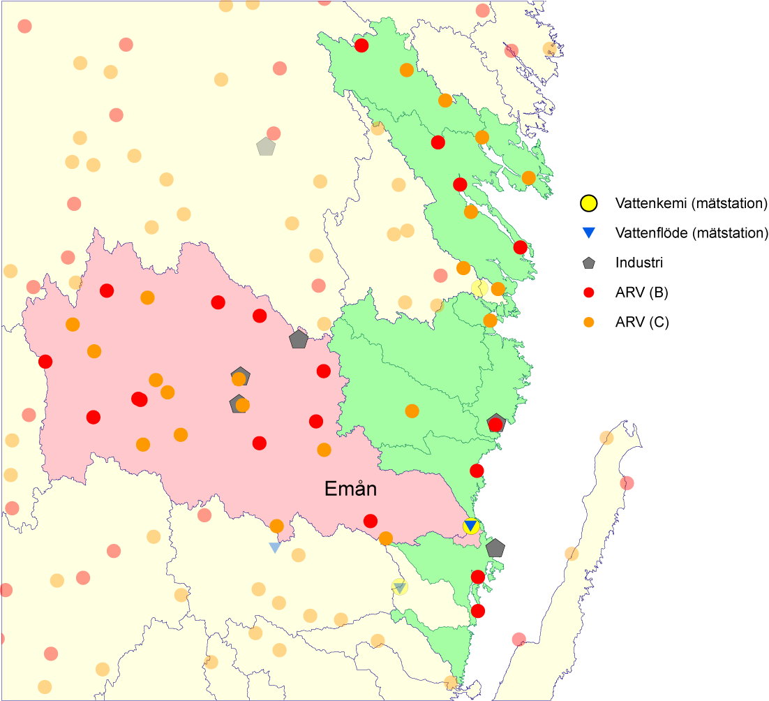 alltför stor påverkan. Industriutsläppen i de oövervakade områdena sker direkt till havet, medan Emåns industriutsläpp, liksom reningsverken, ligger jämförelsevis långt upp i systemet.