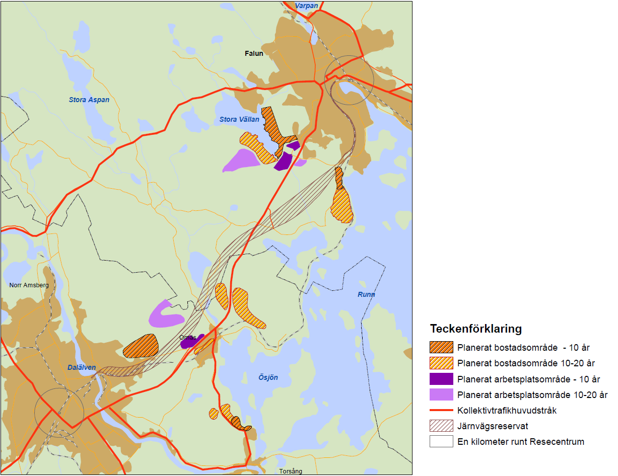 Utbyggnad och komplettering av städerna med helt nya planerade bebyggelseområden ska ske i riktning mot varandra, väster om Runn och i lägen med bra, effektiva kollektivtrafikstråk.