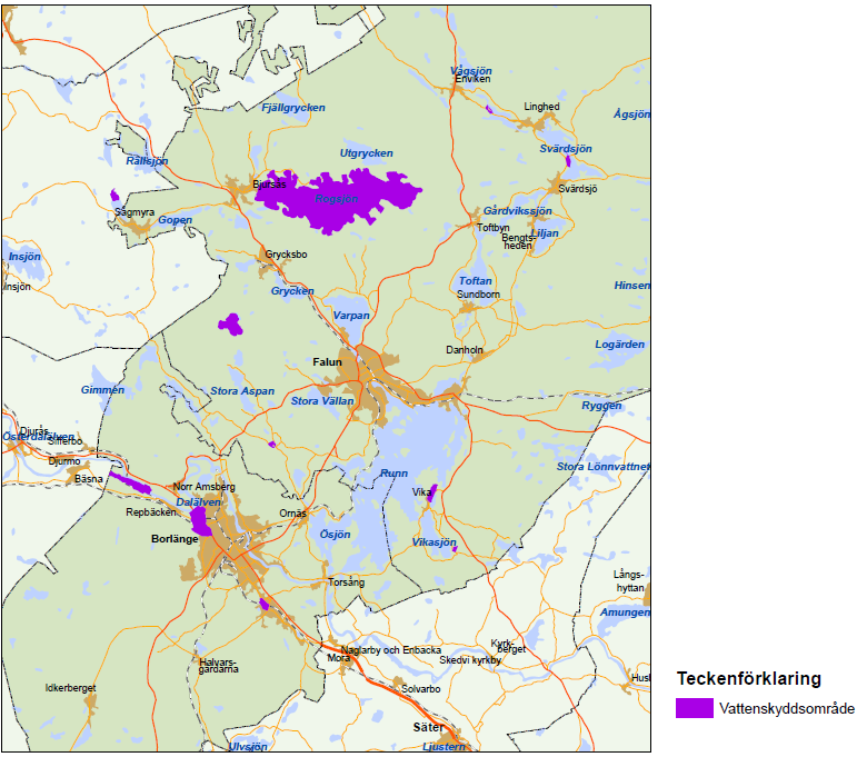 Bild 10.2 Vattenskyddsområden med skyddsföreskrifter för de allmänna vattentäkterna 10.1.3 Den allmänna försörjningen av vatten och avlopp I princip all bebyggelse inom både Faluns och Borlänges tätorter ingår i verksamhetsområde för vatten och avlopp.