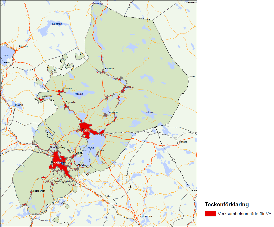 Bild 10.3 Verksamhetsområde för VA. (Herrgårdsviken och Länsbodarna saknas på denna karta, kompletteras till antagandehandlingen) Planerade bebyggelseområden ska alltid anslutas till allmänt VA.