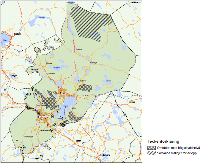Bild 10.4 Områden i FalunBorlänge med hög skyddsnivå Ingen avloppsanläggning renar avloppsvattnet fullständigt och anläggandet av varje nytt enskilt avlopp medför belastning på närliggande vattendrag.