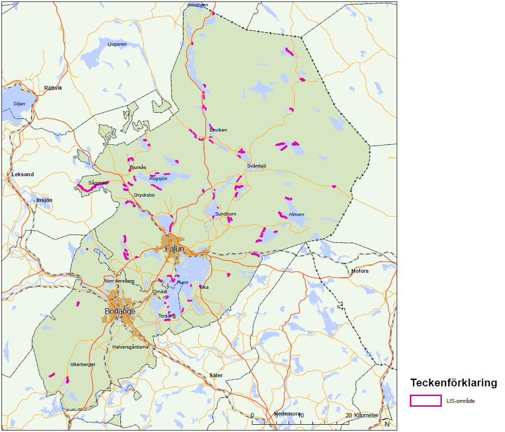 11.5.5 LIS-områden i FalunBorlänge Bild 11.4 visar de LIS-områden som föreslås i FalunBorlänge. Efter samrådet har en del områden besökt.