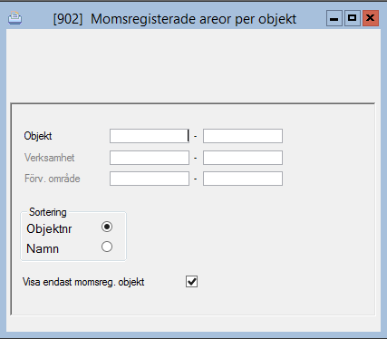 Rapport momsregistrerade areor per objekt Hyres- & avgiftsadministration Fastighetsmoms Momsreg areor/objekt Rapporten visas samma information som i objektsregisterbilden men här kan mer än ett