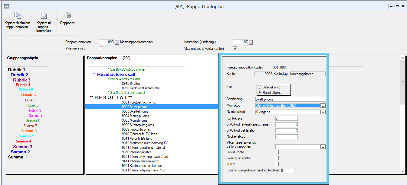 Komplettera den nya rapportkontoplanen med rubriker och summor (se följande bilder som exempel). Se till att koda samtliga konton och rubriker som resultatkonton.
