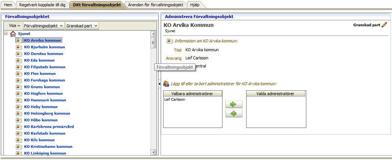 tioner, granskningar och korrigerande åtgärder. Figur 4.2: Screenshot ur EASY för Objektsansvarig. Figur 4.2 visar den inloggade Objektsansvarigas förvaltningsobjekt.
