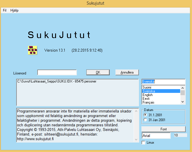 3. GRUNDERNA FÖR SUKUJUTUT-PROGRAMMET Programmet startar från SukuJutut ikonen, som går att finna i Starta-menyn Alla program> SukuJutut När Du använder programmet för första gången frågas det efter