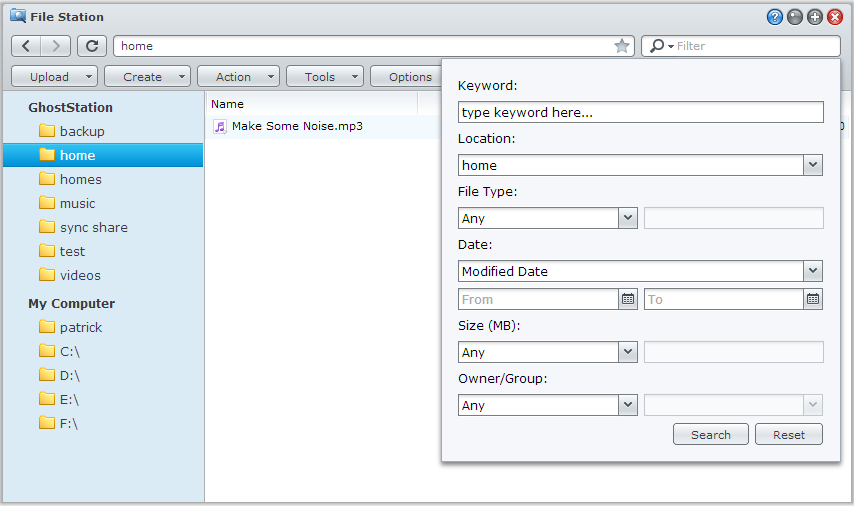 Sök efter filer eller mappar Bruksanvisning för Synology NAS Du kan skriva in nyckelord i fältet Filter i det övre högra hörnet på File Station för att filtrera filer eller mappar i den aktuella