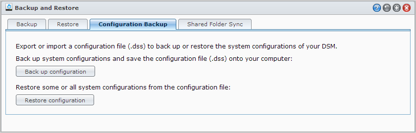 Utföra säkerhetskopieringsuppgifter på Synology NAS Bruksanvisning för Synology NAS Gå till Huvudmeny > Säkerhetskopiera och återställ för att göra säkerhetskopieringar på Synology NAS.