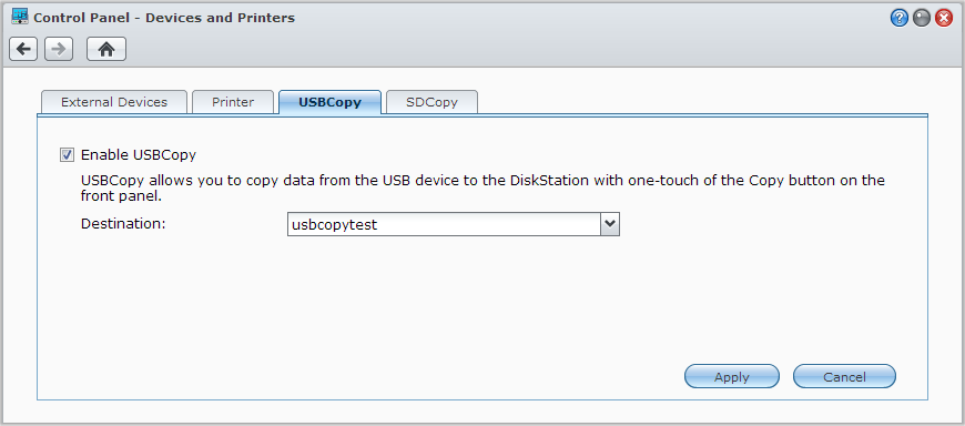 Säkerhetskopiera data på USB-enhet eller SD-kort Bruksanvisning för Synology NAS Du kan gå till Huvudmeny > Kontrollpanel > Enheter och skrivare för att specificera en delad mapp att använda med