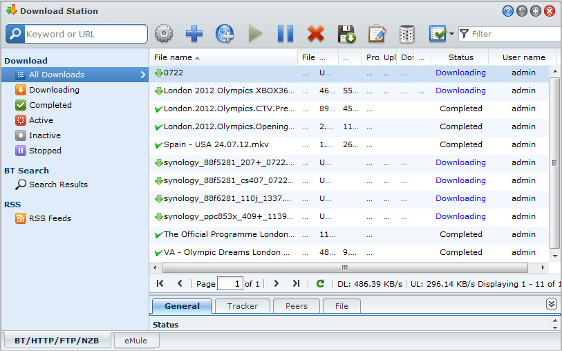 Kapitel Ladda ner filer med Download Station Kapitel 16: 16 Download Station är ett webbbaserat nedladdningsprogram, vilket låter dig ladda ned filer från Internet med BT, FTP, HTTP, NZB, Thunder,