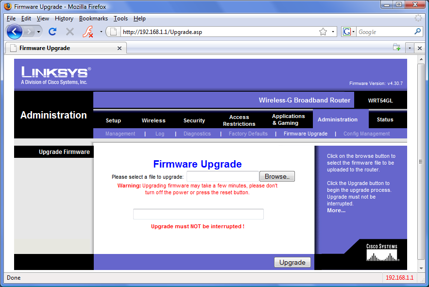 Figur 9 Fliken firmware upgrade Du skall nu välja filen som du tidigare lagt på skrivbordet på din dator. Klicka på BROWSE och leta reda på den. Den skall alltså heta openwrt-wrt54g-2.4-squashfs.