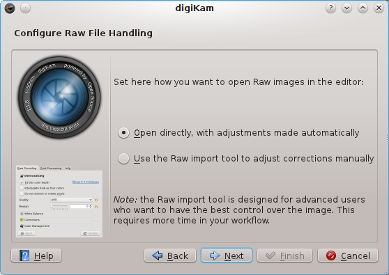 Därefter måste du välja sättet du vill använda för att öppna obehandlade filer: antingen med automatiska justeringar eller med Digikams importverktyg för obehandlade bilder, för att utföra manuella