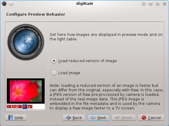 Välj därefter hur Digikam laddar bilder i förhandsgranskningsläge och ljusbord. En reducerad version laddas snabbare men på bekostnad av kvalitet.