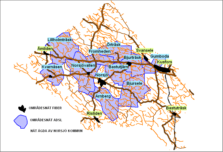 Bredbandsstrategi Norsjö kommun. 2013-2020 Kartan visar områdesnät ägda av Norsjö kommun. 7.1.3 Noder Noder i nätet är platser där områdesnät eller ortsammanbindande nät knyts ihop.