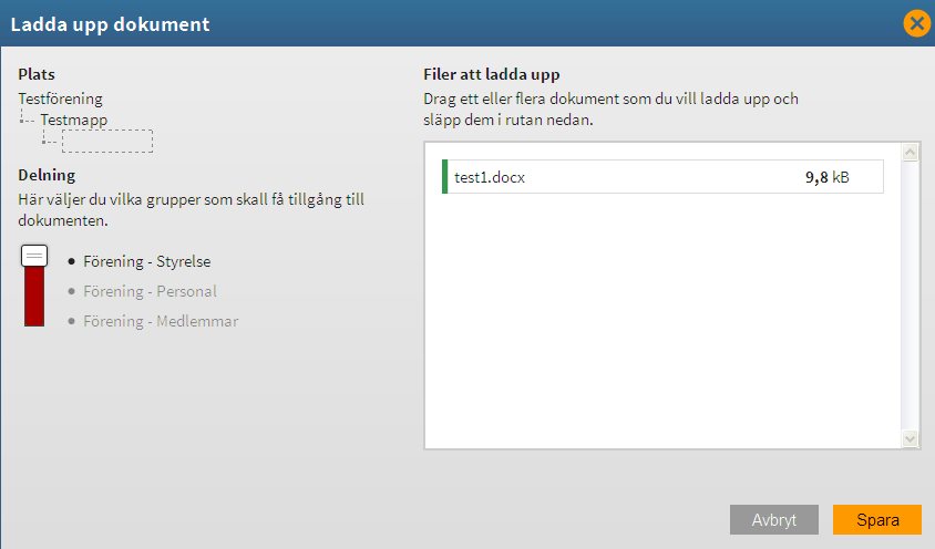 För att ladda upp dokument klicka på knappen Ladda upp dokument uppe till höger ovanför mapp/dokumentlistan.