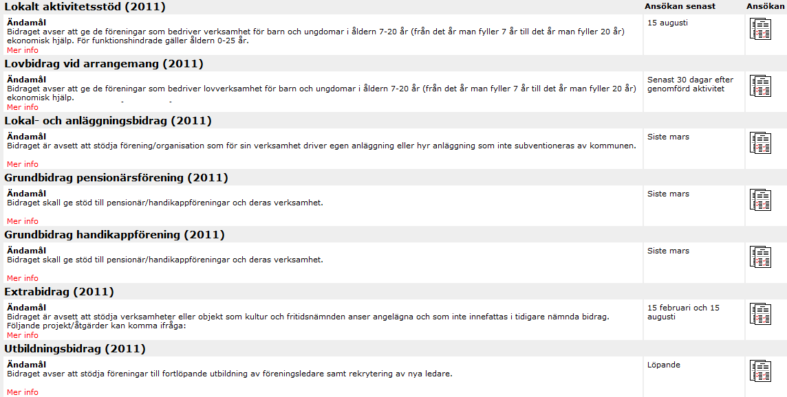 Söka bidrag På startsidan i föreningsbidragen ligger alla kommunala bidrag att söka. Välj aktuellt bidrag för din förening genom att trycka på Ansökan till höger om bidraget.